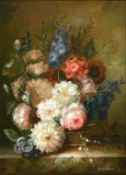 20th century school, A still life of mixed flowers on a marble shelf, oil on panel, indistinctly