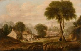 Abel Hold (1815-1891) British, The village f te with an artist in the foreground and a castle