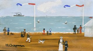 Margaret Chapman (1940-2000) British, Figures on a French beach with a paddle steam ship beyond, oil