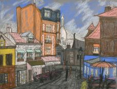20th century school, 'Montmartre, Paris', A street scene with the Basilica of the Sacre-Coeur in the