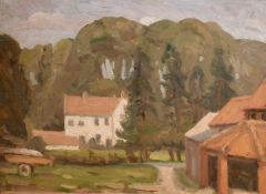 John Brown (1887-1966) British, A pathway through farm buildings, oil on board, signed with