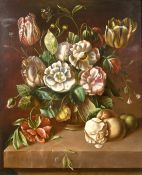 20th century, a still life of mixed flowers in a glass vase with a butterfly and insects, oil on