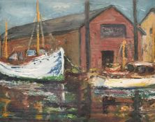 Circle of William Ludlow, an impressionist scene of a boathouse with moored boats, oil on paper, 11