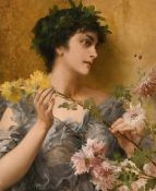 Conrad Kiesel (1846-1921) German, A classical Maiden with flowers, oil on panel, signed, in a fine