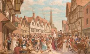 Eadie, circa 1958, A town celebration of a wedding with figures rejoicing, oil on panel, signed