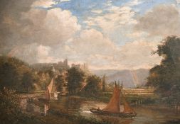 19th century English school, A view of Arundel with boats on the river and a rainbow beyond, oil