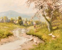 Lazlo Neogrady (1896-1962) Hungarian, A lady and geese beneath a tree in full blossom, oil on