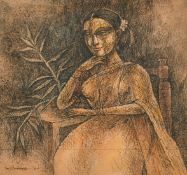 G. Pyne (1937-2013) Indian, study of a seated lady, ink and watercolour, signed and indistinctly