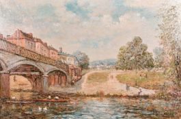 John Maris (20th century) Figures rowing beneath a bridge with a village and pathway beyond, oil