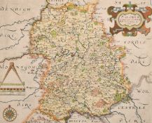 Christopher Saxton, A hand coloured antique map of Shropshire, variously inscribed, 10.5