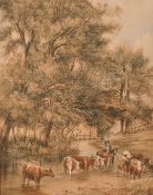 A. Newby, British school, circa 1857, A cattle drove in a stream with cottages beyond,