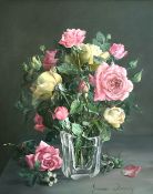 Francine Durosiey (20th century) French, A still life of roses in a glass jar, oil on panel, signed,