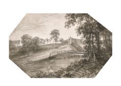 Circle of William Gilpin (Late 18th century), A landscape with a ruin beyond, dark grey wash,
