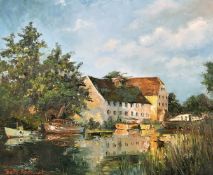 Betty Raphael (20th century), Hambleden Mill, A scene of boats on a river before mill buildings, oil
