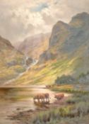 Henry Deacon Hillier Parker, (1858-1930) British, A Highland view with cattle watering by a lake,