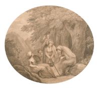 18th century scene of figures cooking around a campfire, print, verre eglomise frame, 12