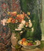 Diels (early 20th century) Continental School, A still life of flowers with a bowl of mixed fruit,