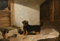 19th century English school, A dog chasing a cat in a courtyard, oil on canvas, indistinctly