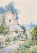 Theresa S. Stannard (1898-1947) British, 'A Cottage Garden, Bedfordshire' a study of a thatched