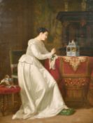 J. Berlin (19th/20th century) Belgian, An elegant lady in a lavish interior Gazing at a caged