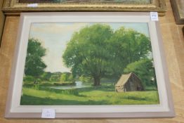 Wooded River Landscape with a Tent oil on board.