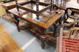 A good oak rectangular table with ebony line inlaid decoration on bulbous cup and cover supports.