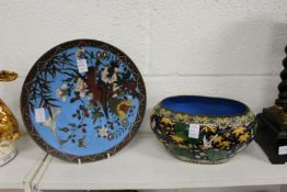 A Chinese enamel circular dish and an oval jardiniere.