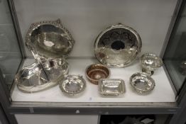 A good plated swing handled basket, two salvers and other plated wares.