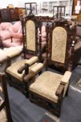 A near pair of carved oak, high back throne style armchairs (one cut down).