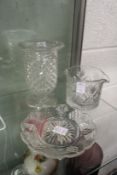 A good hobnail cut glass pedestal celery vase, together with a cut glass rinser and an ice dish.