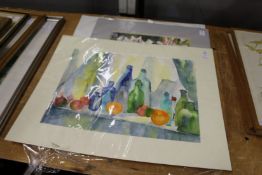 Sophie Louise Wilson, a still life of bottles and fruit watercolour, unframed and two others.