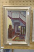 An interior scene, oil on board.