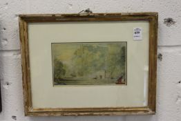 A small colour print of a river scene with mountain top castle.