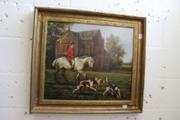 A hunting scene with huntsmen and hounds, oil on canvas.