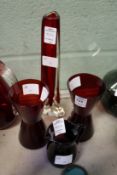 A pair of Whitefriars red vases, a tricorn vase and an amethyst jug.