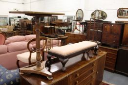 A folding cake stand, a long stool and an occasional table.