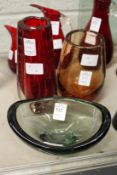A Whitefriars oval smoker's bowl, an amber controlled bubble vase and a red vase.