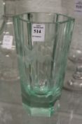Moser, a good green tinted cut glass hexagonal shaped vase engraved with a stork in flight amongst