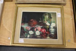 G Wink, a still life of flowers, a bowl and an urn oil on board, signed.