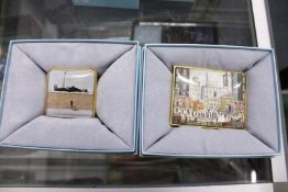 Two Halcyon Days limited edition enamel boxes relating to L S Lowry.