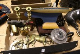 Miscellaneous items to include brass ware, model yacht, candlesticks etc.