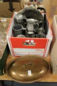 Pewter tankards, a copper dish and cover etc.