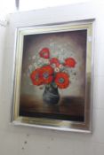 A still life of poppies and daisies in a vase, oil on canvas, signed Lyn.