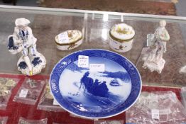 A Copenhagen plate, two French pill boxes and two porcelain figures.