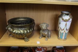 A brass jardiniere, a model of a bulldog and a French ormolu mounted vase (damaged).