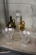 A good pair of cut glass vases, possibly Whitefriars together with a tall reeded glass vase.