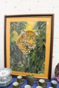 A large colourful painting of a leopard in the jungle.