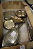 A small group of silver ware to include engraved cigarette case, ash trays, hand brush etc.