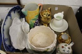 A collection of decorative china to include a large pottery jug, floral teapot, a bunny rabbit