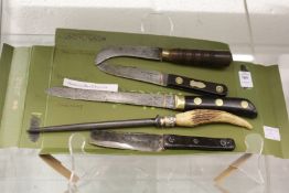 A Sheffield Steel Bushman sheath knife, a Thomas Turner pruning knife, two other knives and a